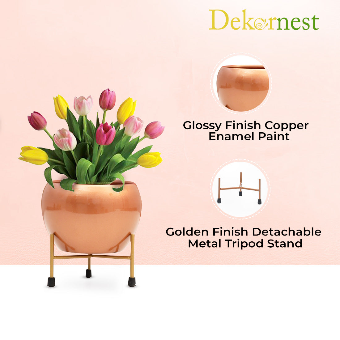 Dekornest Iron Pot with Stand Gold Finish (CP-1) Copper