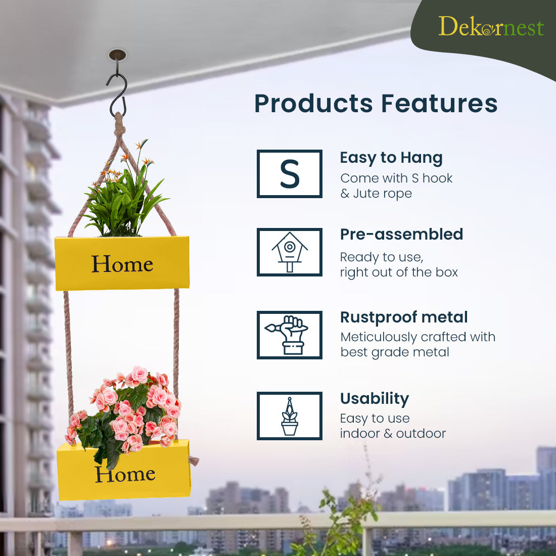Dekornest Iron Double Hanging Planter with Jute Rope (DH2)