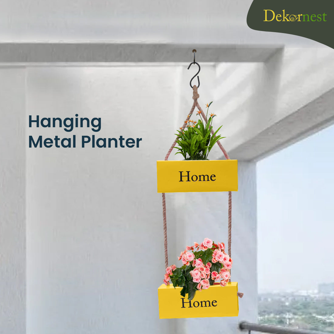 Dekornest Iron Double Hanging Planter with Jute Rope (DH2)